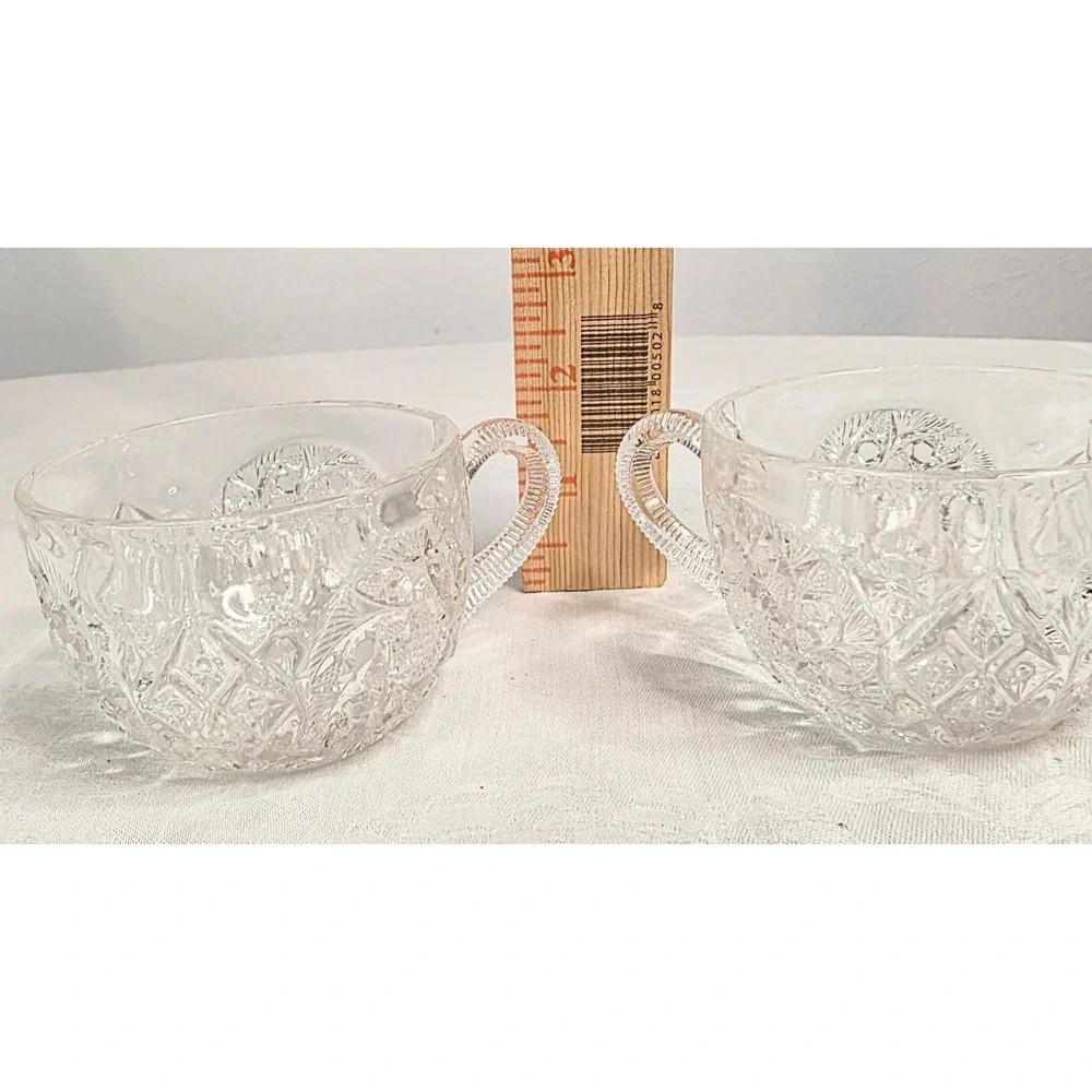 Vintage Pressed Glass Punch Cups Set of 2 Diamond Starburst Pattern Clear Glass